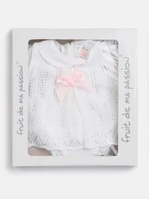 Baby Girl 3-piece Knitted Gift Box Set with Bonnet-White