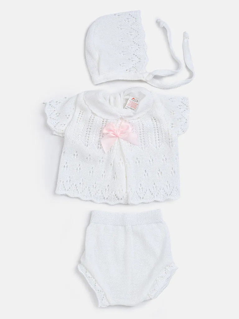 Baby Girl 3-piece Knitted Gift Box Set with Bonnet-White