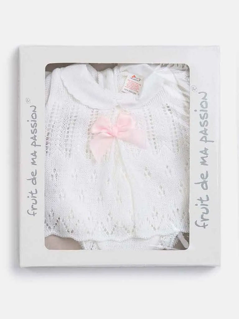 Baby Girl 3-piece Knitted Gift Box Set with Bonnet-White