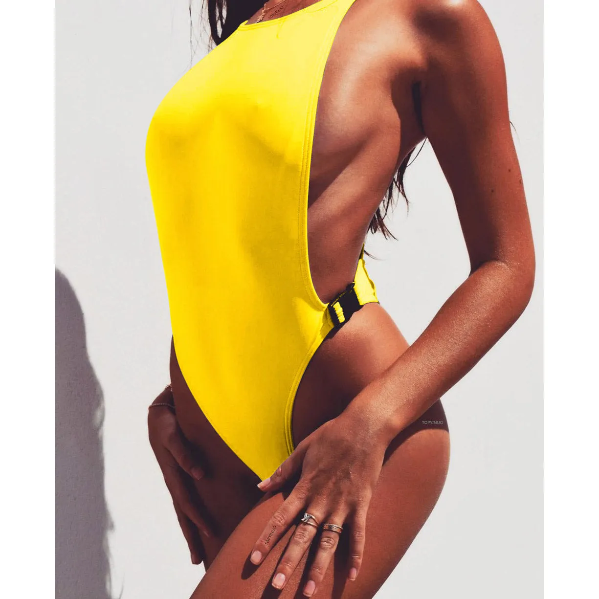 Backless Hasp Pure Color Hollow Out One Piece Swimwear