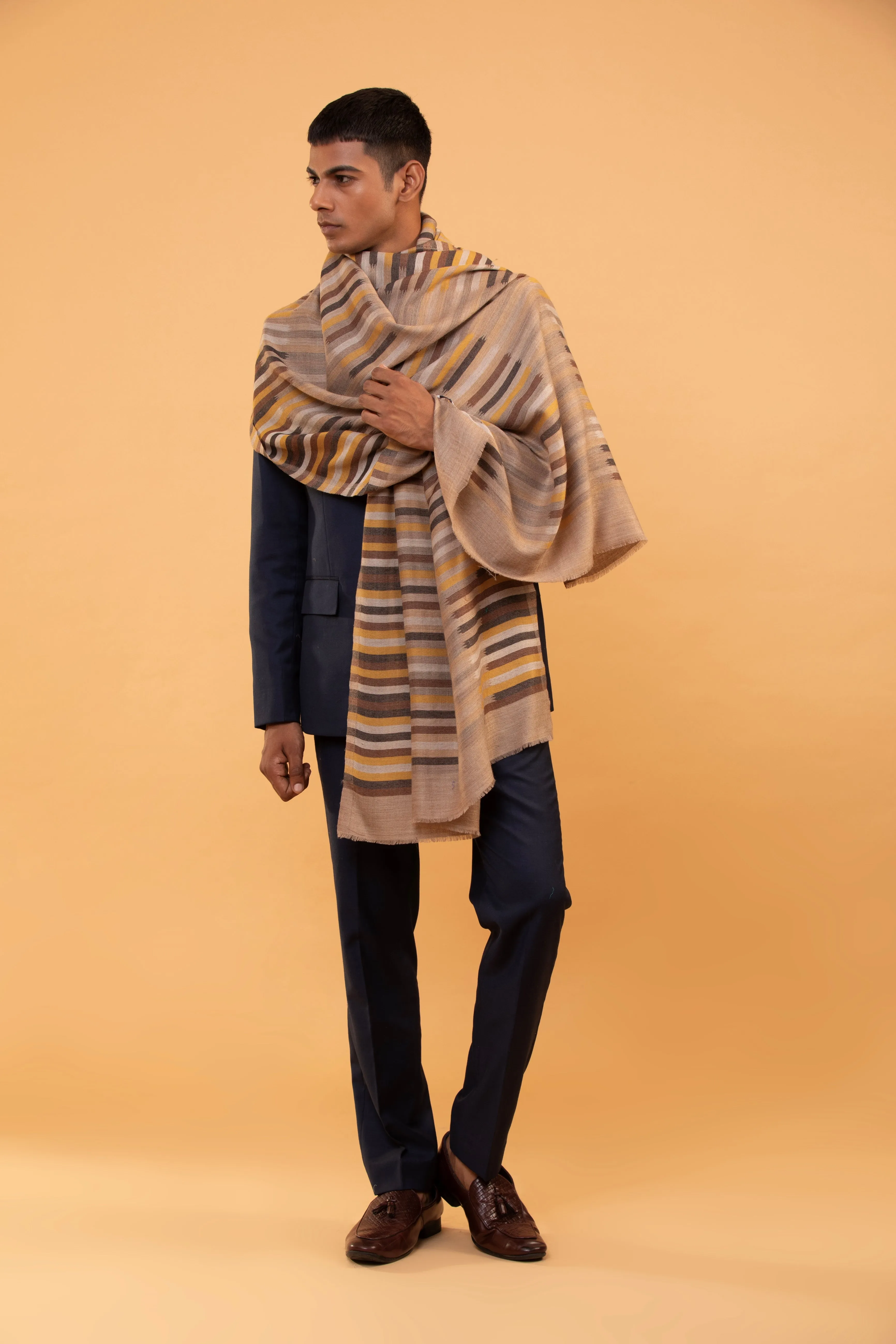 Beige Handwoven Fine Wool Stripe Shawl for Men - Elegant Moonlight Design