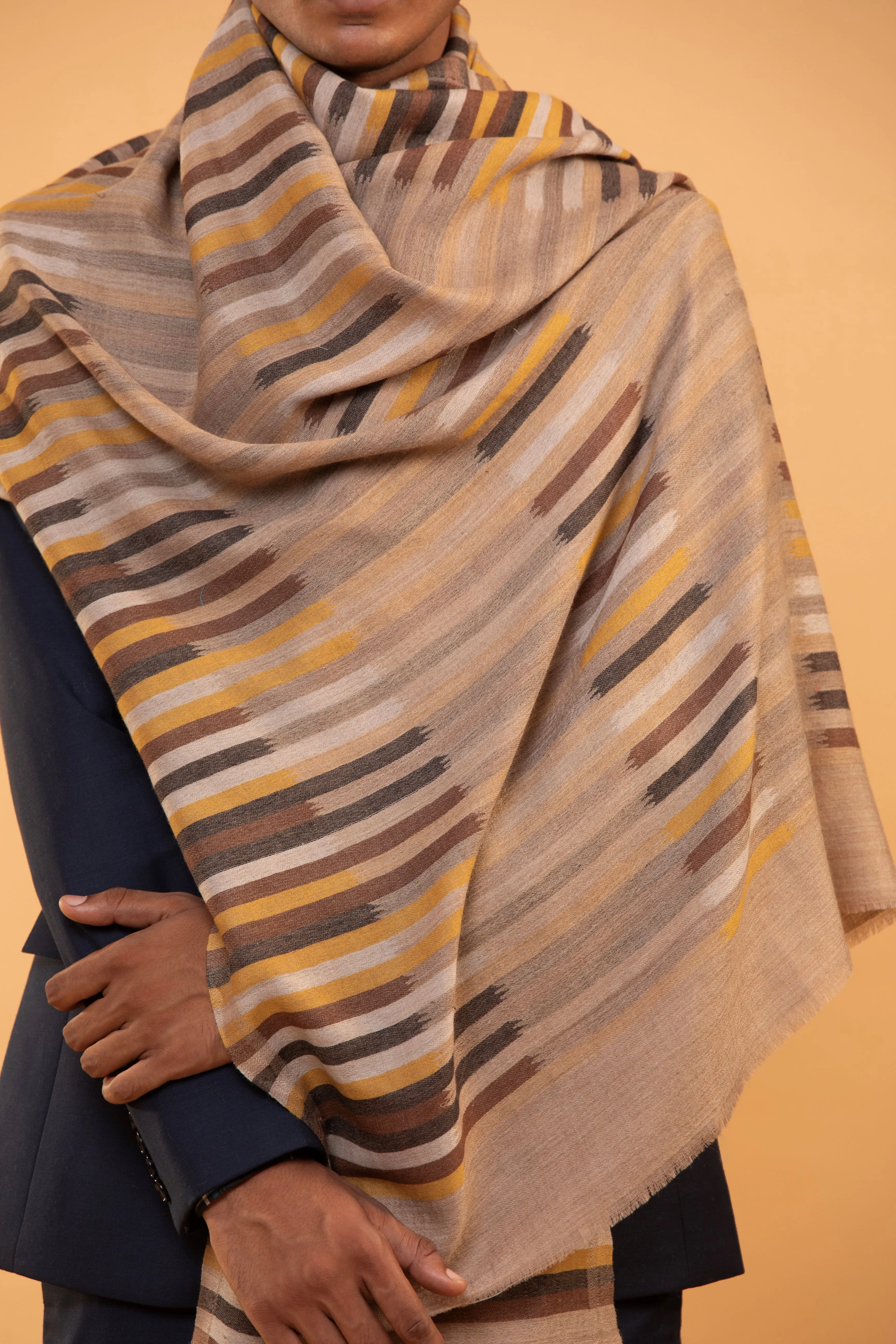 Beige Handwoven Fine Wool Stripe Shawl for Men - Elegant Moonlight Design