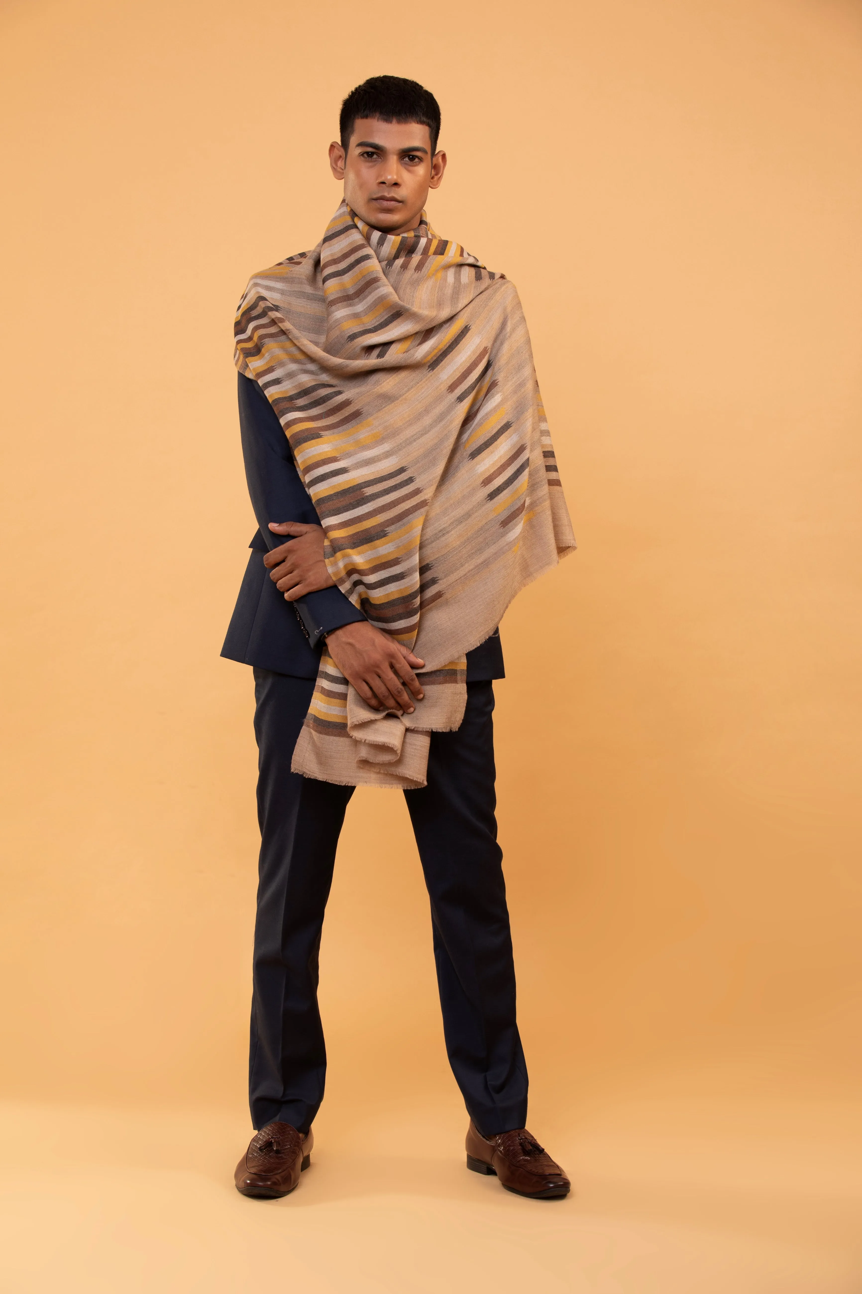 Beige Handwoven Fine Wool Stripe Shawl for Men - Elegant Moonlight Design