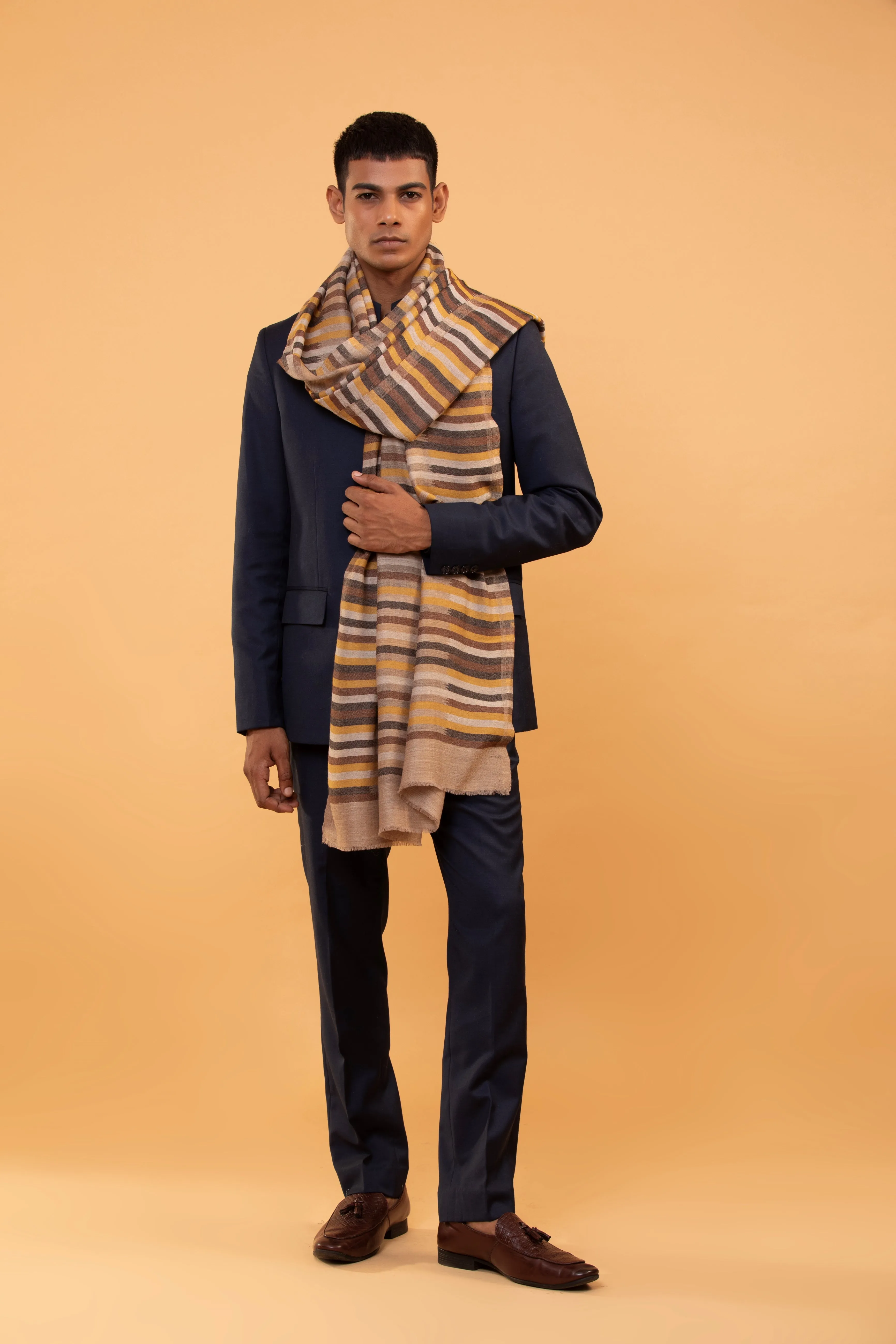 Beige Handwoven Fine Wool Stripe Shawl for Men - Elegant Moonlight Design