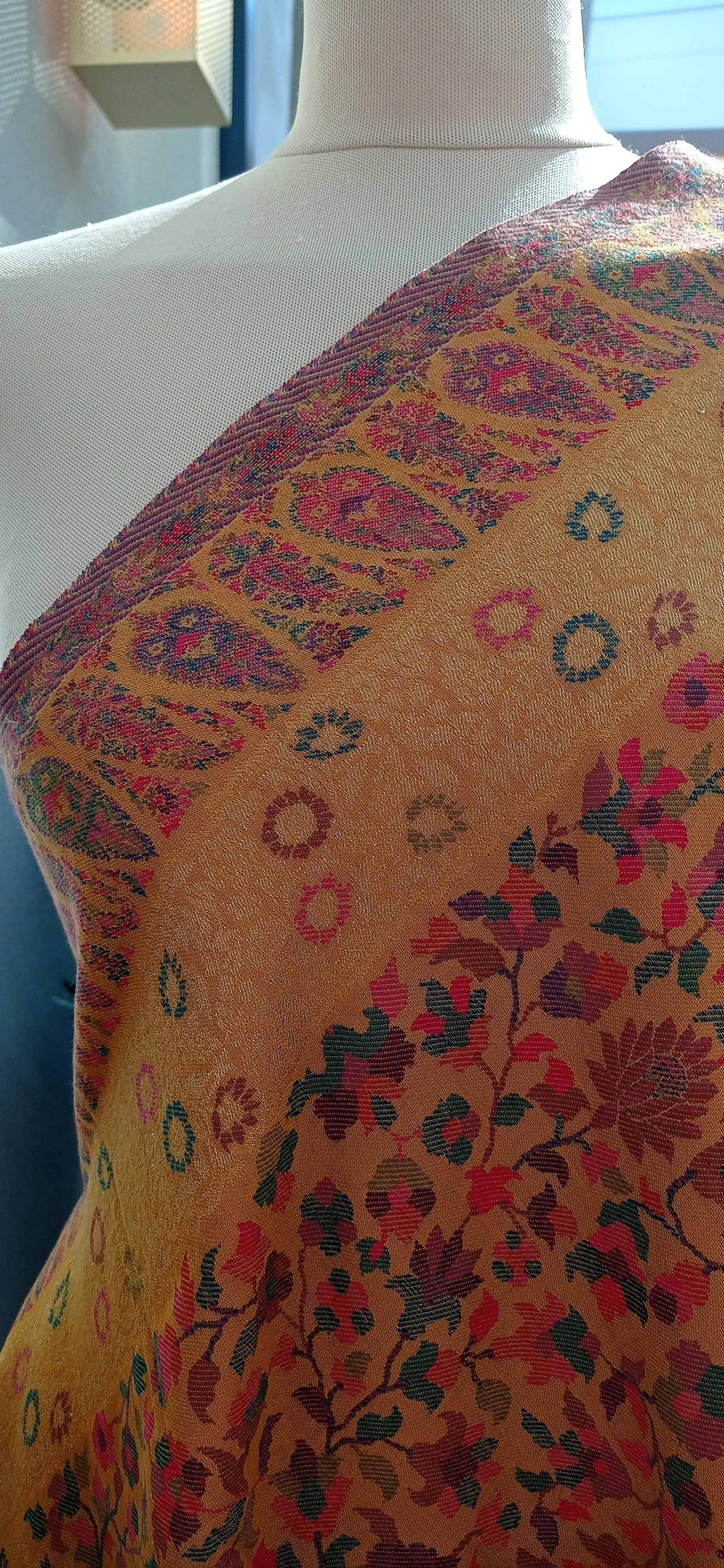 Bhoomi Yellow Kashmiri Kani Cashmere Shawl with Subtle Gold Zari Weaving and a Paisley Border