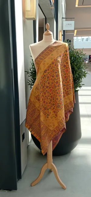 Bhoomi Yellow Kashmiri Kani Cashmere Shawl with Subtle Gold Zari Weaving and a Paisley Border