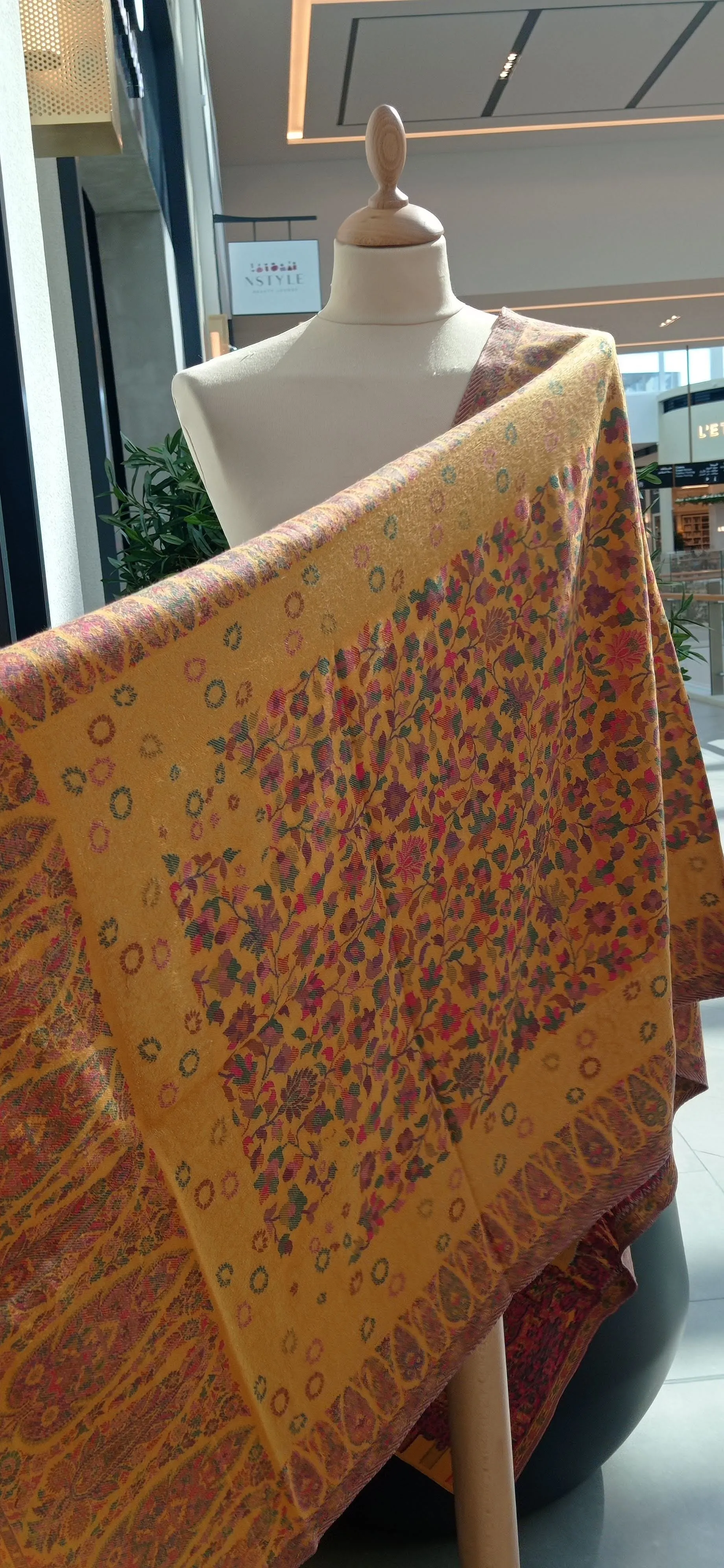 Bhoomi Yellow Kashmiri Kani Cashmere Shawl with Subtle Gold Zari Weaving and a Paisley Border