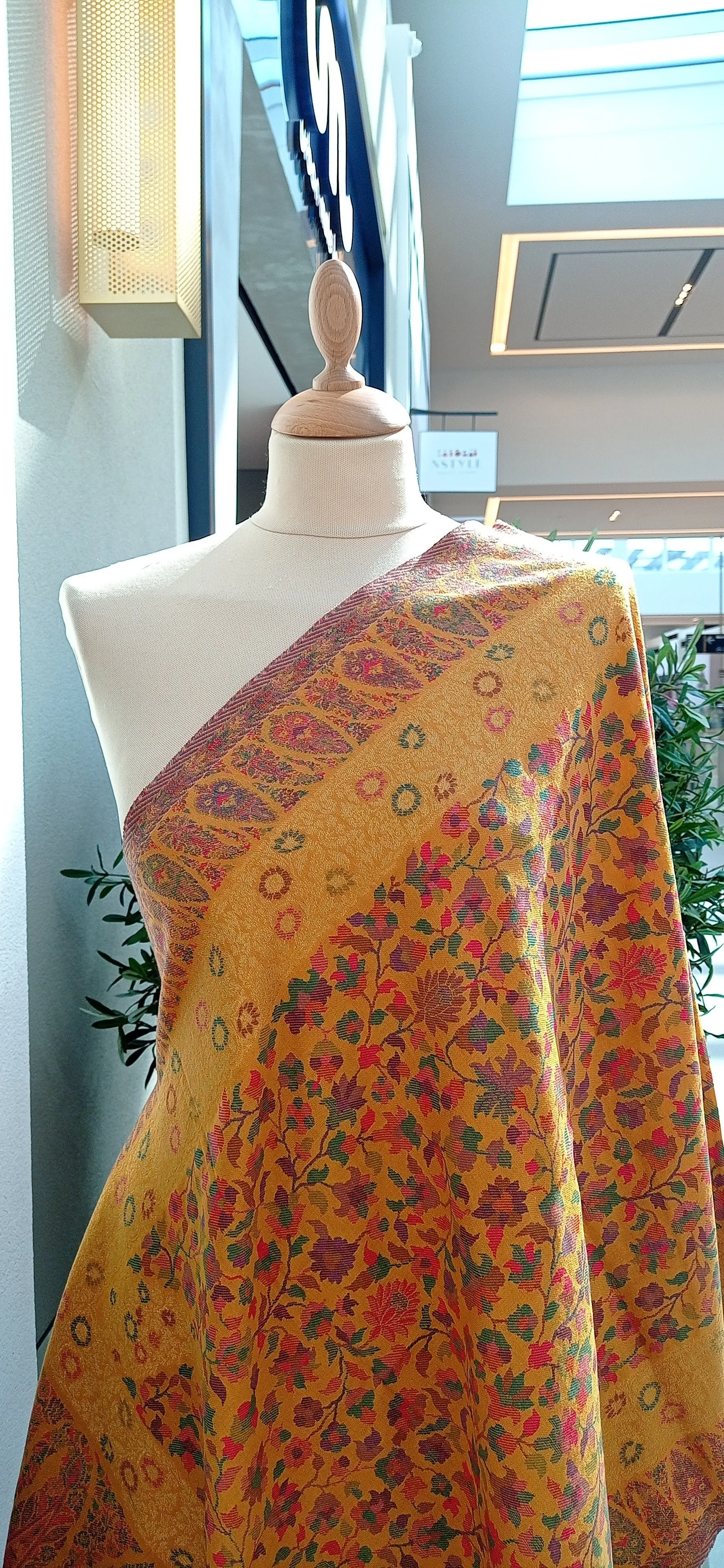 Bhoomi Yellow Kashmiri Kani Cashmere Shawl with Subtle Gold Zari Weaving and a Paisley Border