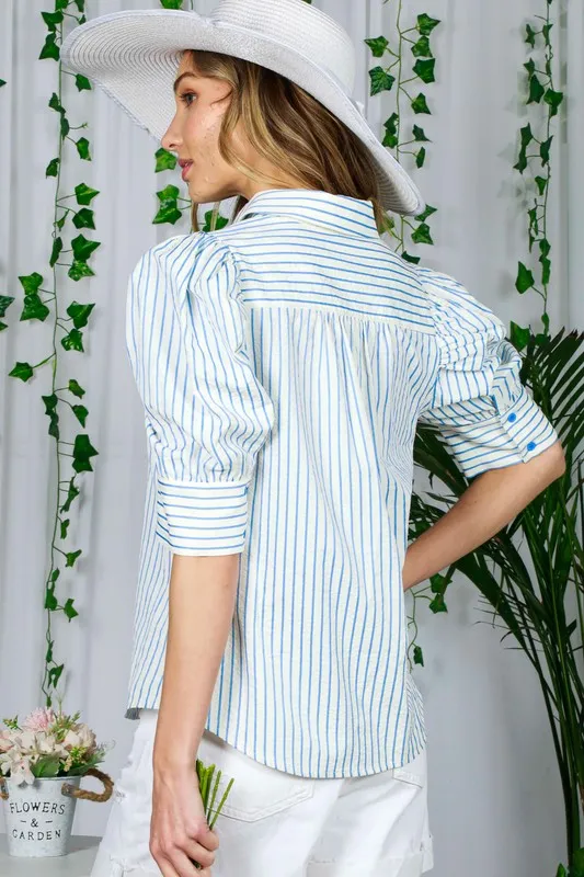 Blue Short Puff Sleeve Button Down Striped Shirt Top
