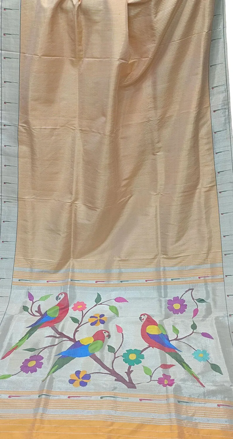 Cream Paithani Handloom Pure Silk Muniya Border Saree