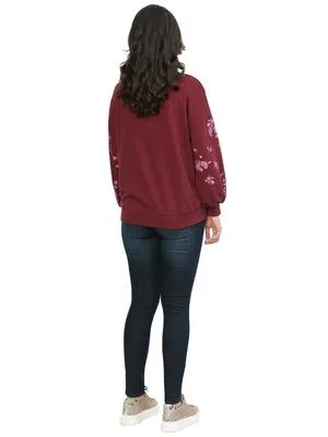 Democracy Womens Blouson Sleeve Funnel Neck Floral Embroidered Sweatshirt