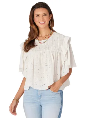 Democracy Womens Short Sleeve Round Neck Embroidered Eyelet Woven Top