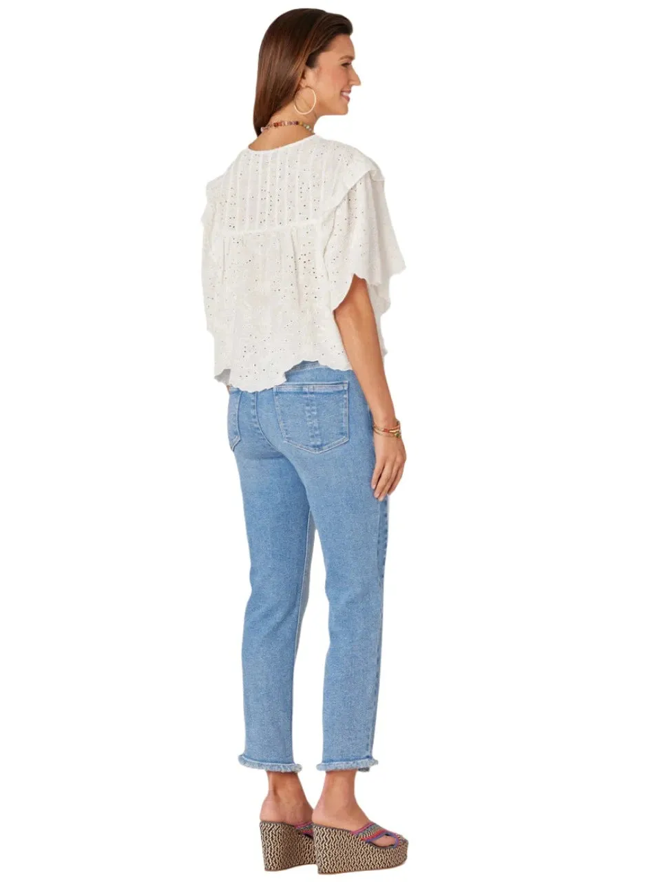 Democracy Womens Short Sleeve Round Neck Embroidered Eyelet Woven Top