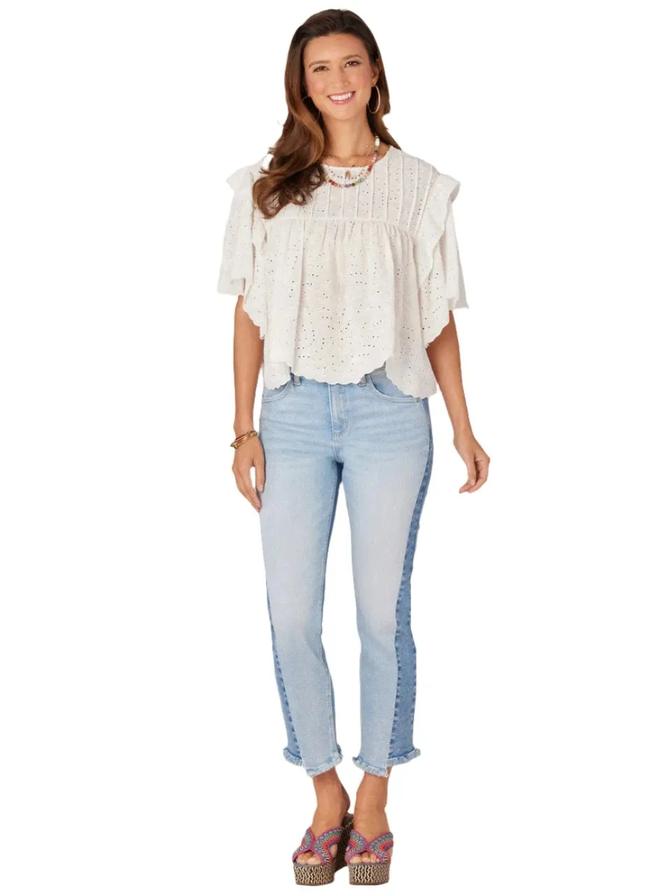 Democracy Womens Short Sleeve Round Neck Embroidered Eyelet Woven Top