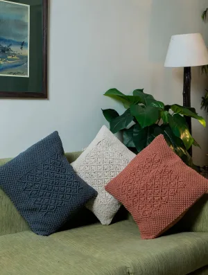 Diamond Handknotted Macramé Cushion Covers 16 x 16 (Set of 3) - Ivory, Dusky Pink, Grey