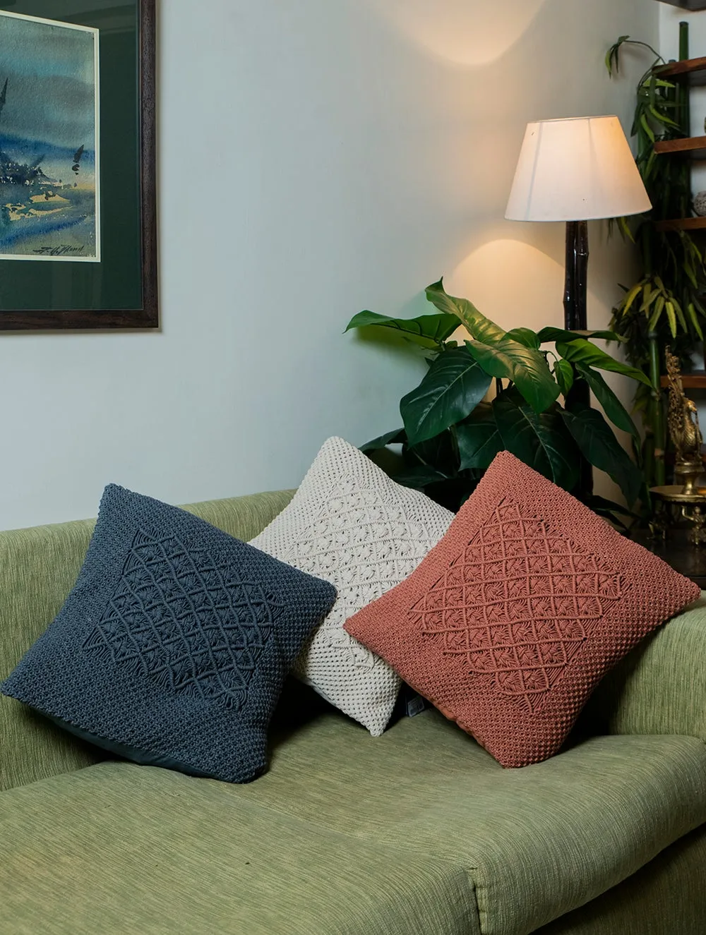 Diamond Handknotted Macramé Cushion Covers 16 x 16 (Set of 3) - Ivory, Dusky Pink, Grey