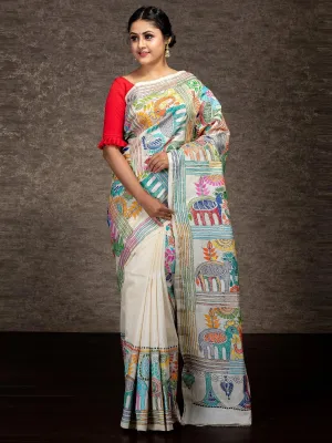 Elegant Par Anchal Kantha Stitch Tussar Silk Saree