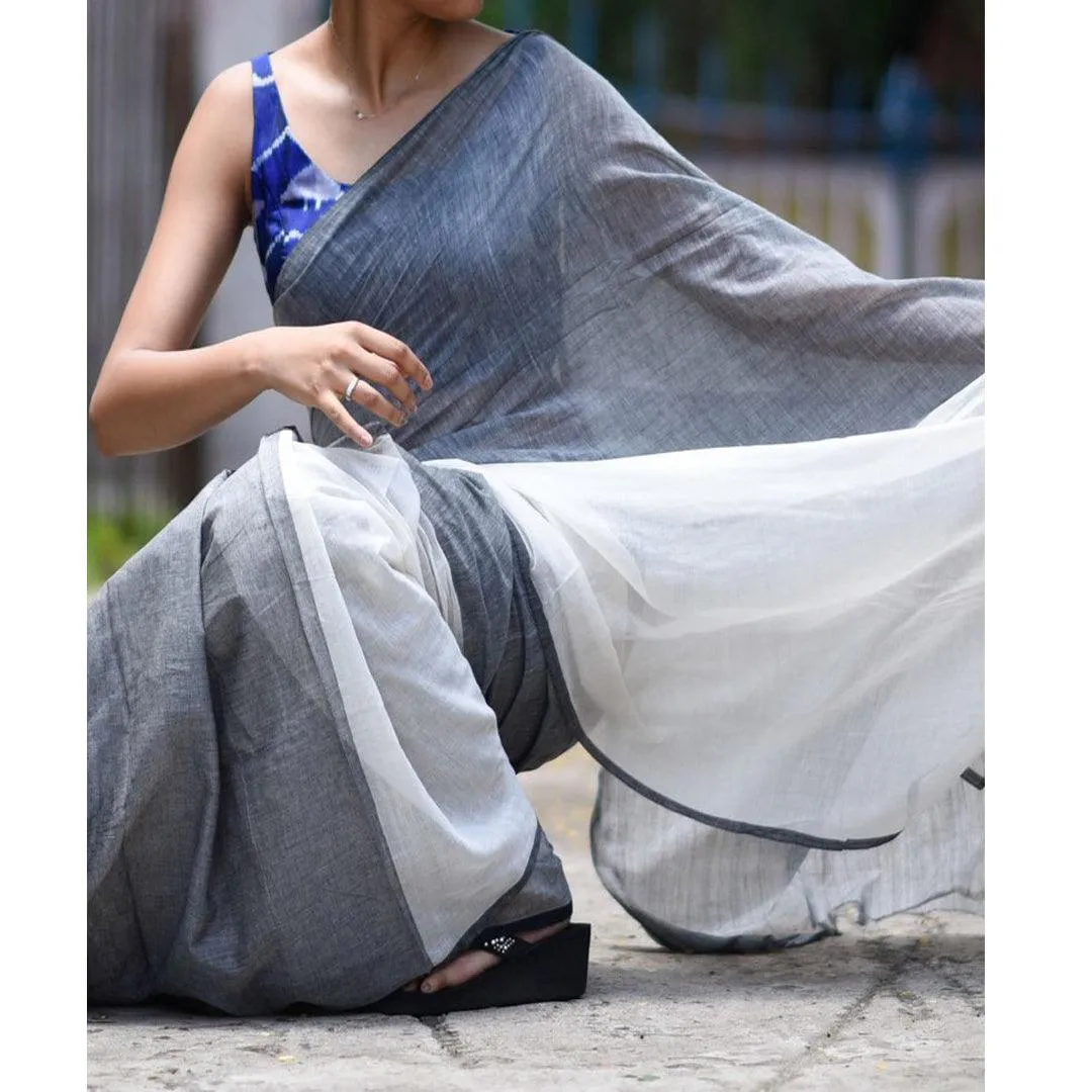 Exceptional  Grey  Colored Festive Wear Pure Linen Designer Saree