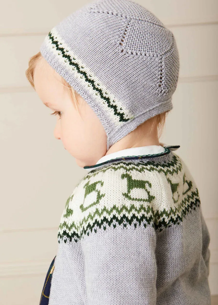 Fair Isle Detail Knitted Bonnet in Grey (S-L)