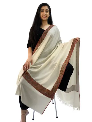 Ghazala White Pashmina Shawl with Hand-Embroidered Antique Borders