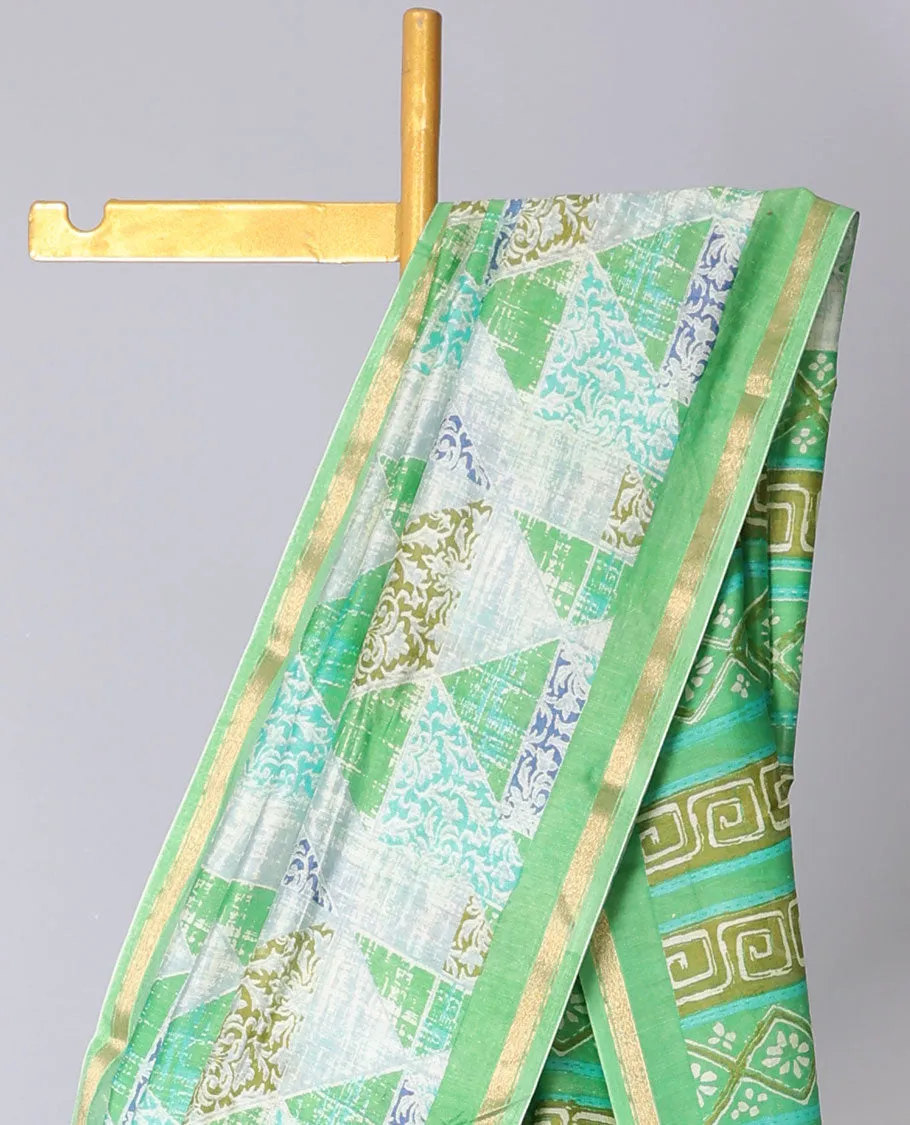 Green geometric printed cotton saree, zari border & geometric printed pallu