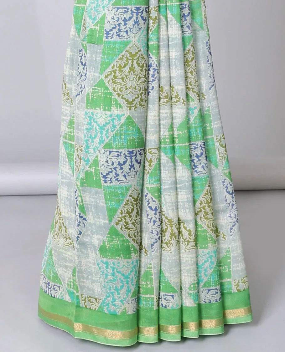 Green geometric printed cotton saree, zari border & geometric printed pallu