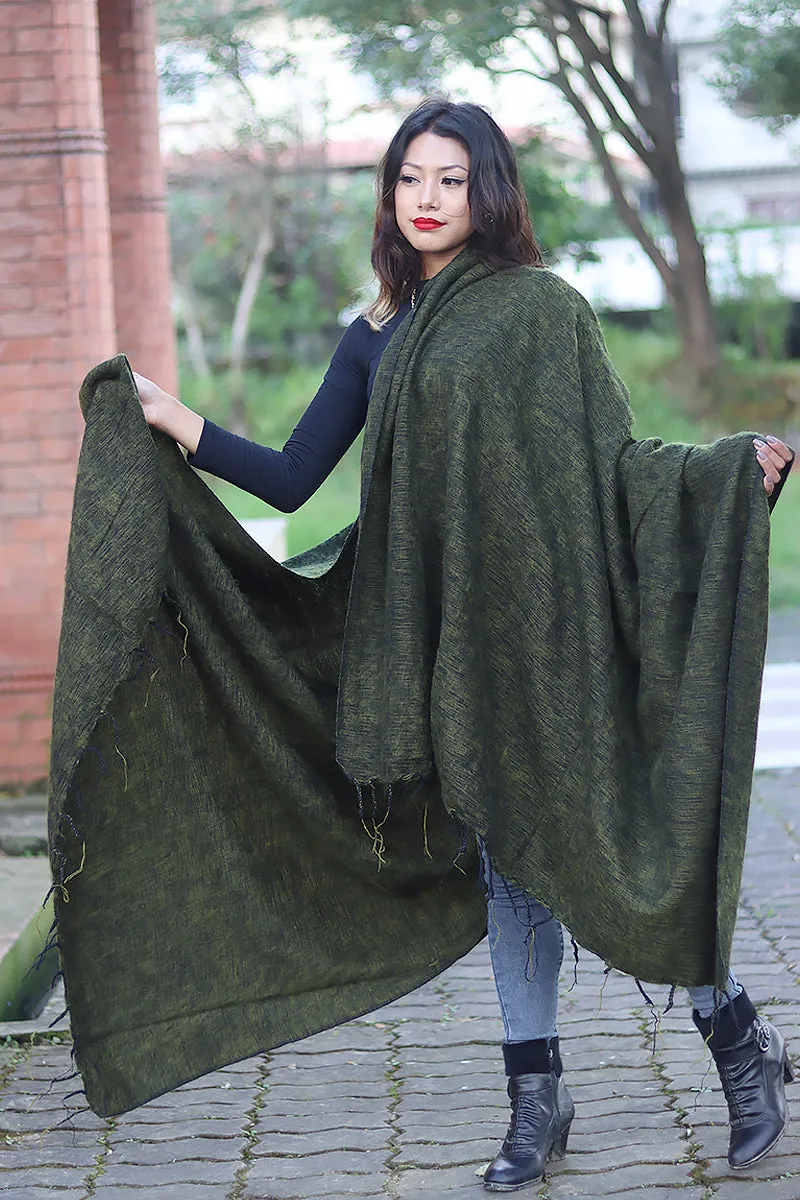 Handmade Himalayan Yak Wool Shawl Deep Forest Green