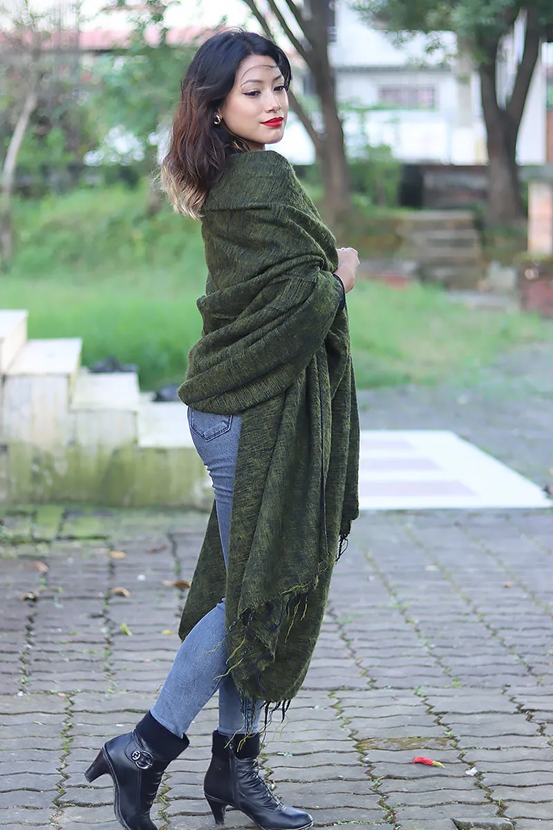 Handmade Himalayan Yak Wool Shawl Deep Forest Green