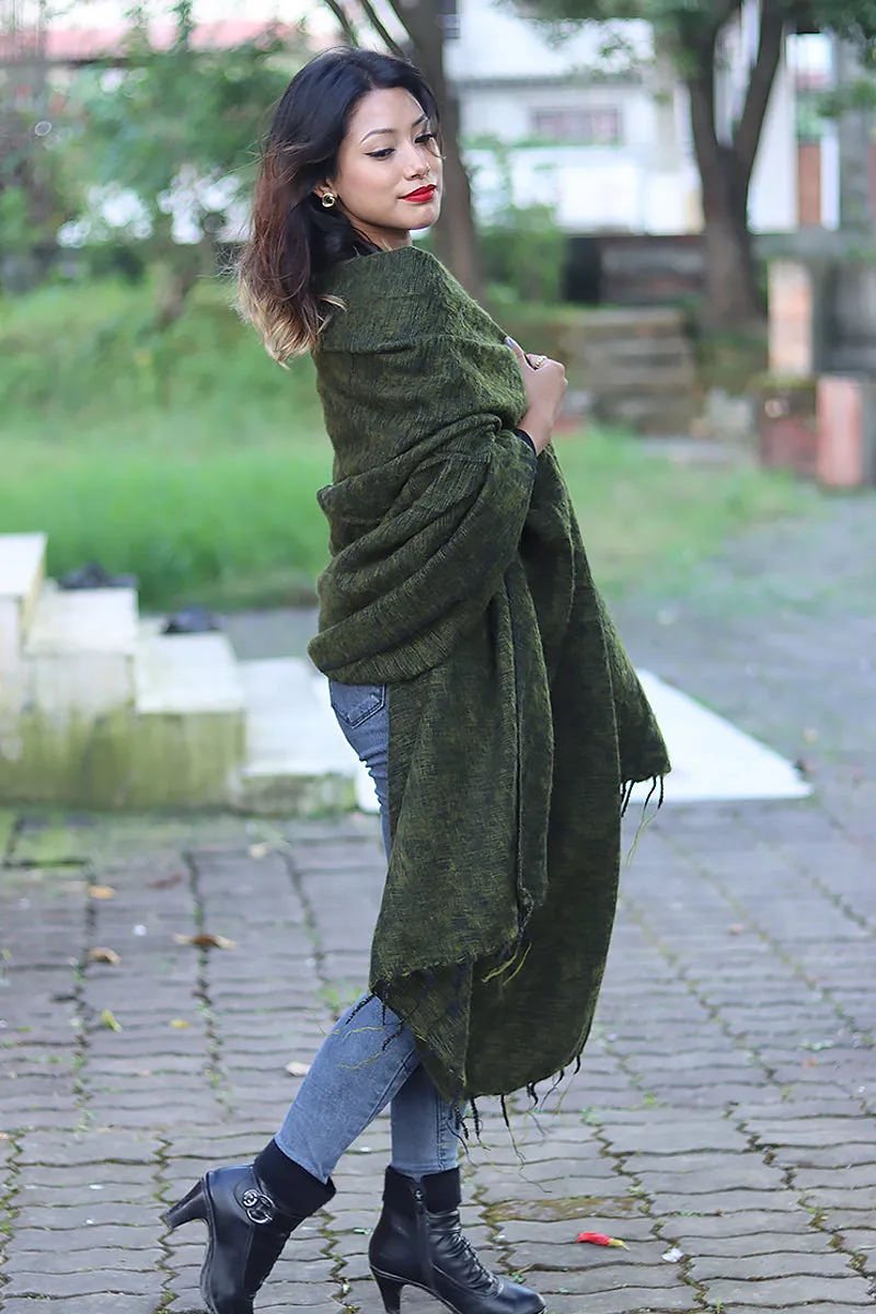 Handmade Himalayan Yak Wool Shawl Deep Forest Green