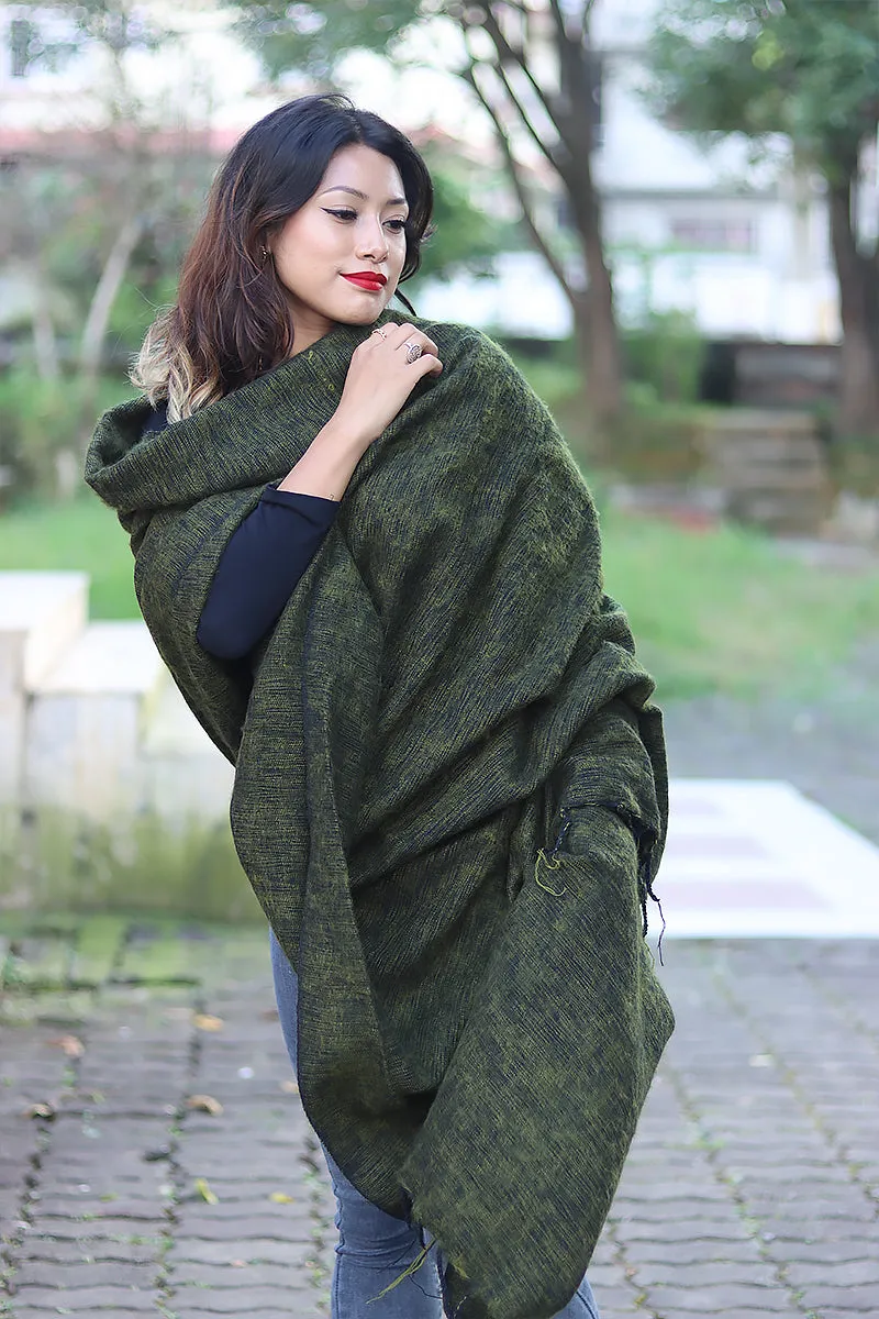 Handmade Himalayan Yak Wool Shawl Deep Forest Green