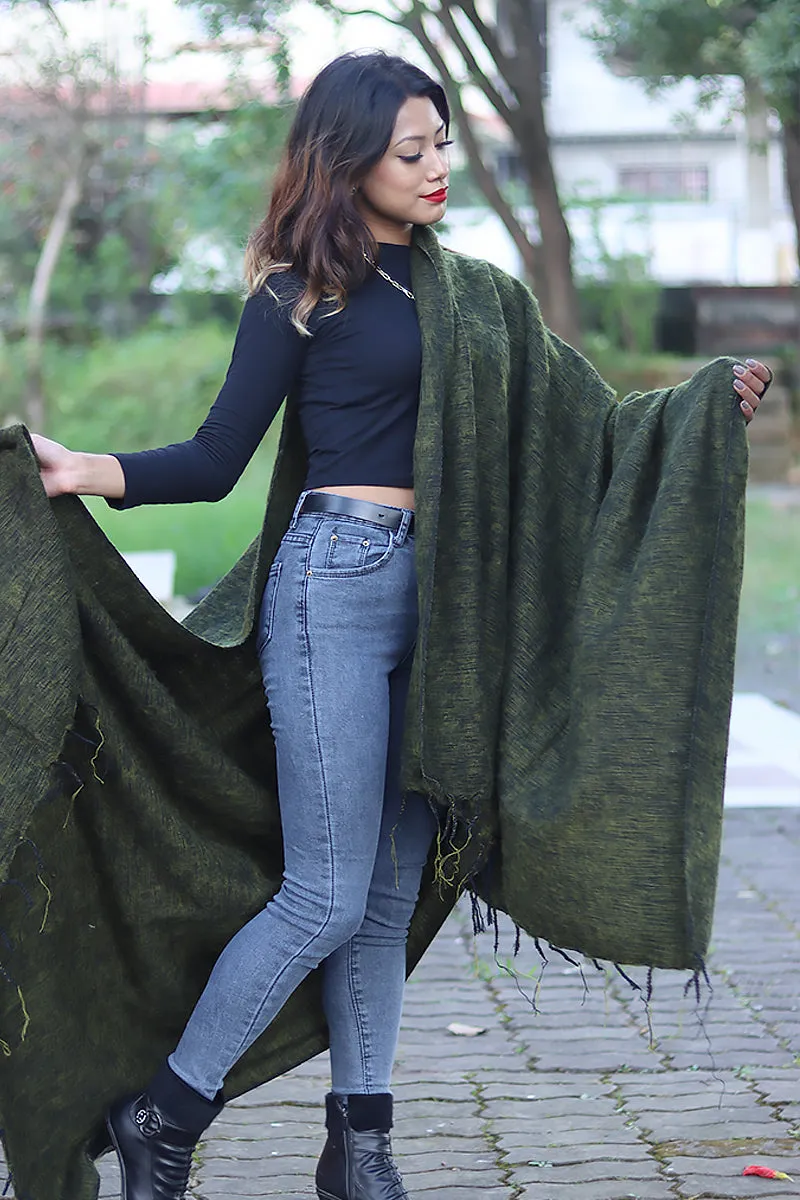 Handmade Himalayan Yak Wool Shawl Deep Forest Green