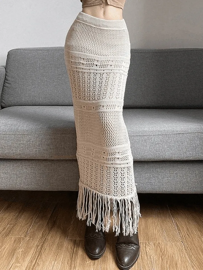 Joskaa Fringed Crochet Hollow Knit Long Skirt