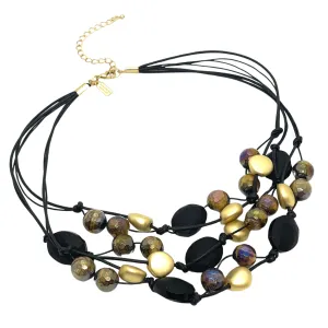 Matte Black Crystal, Brown Tigers Eye Black Linen and Leather Torsade Necklace