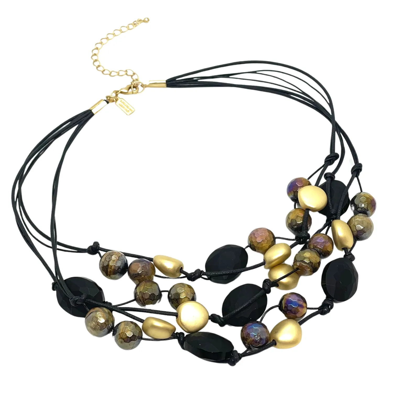 Matte Black Crystal, Brown Tigers Eye Black Linen and Leather Torsade Necklace