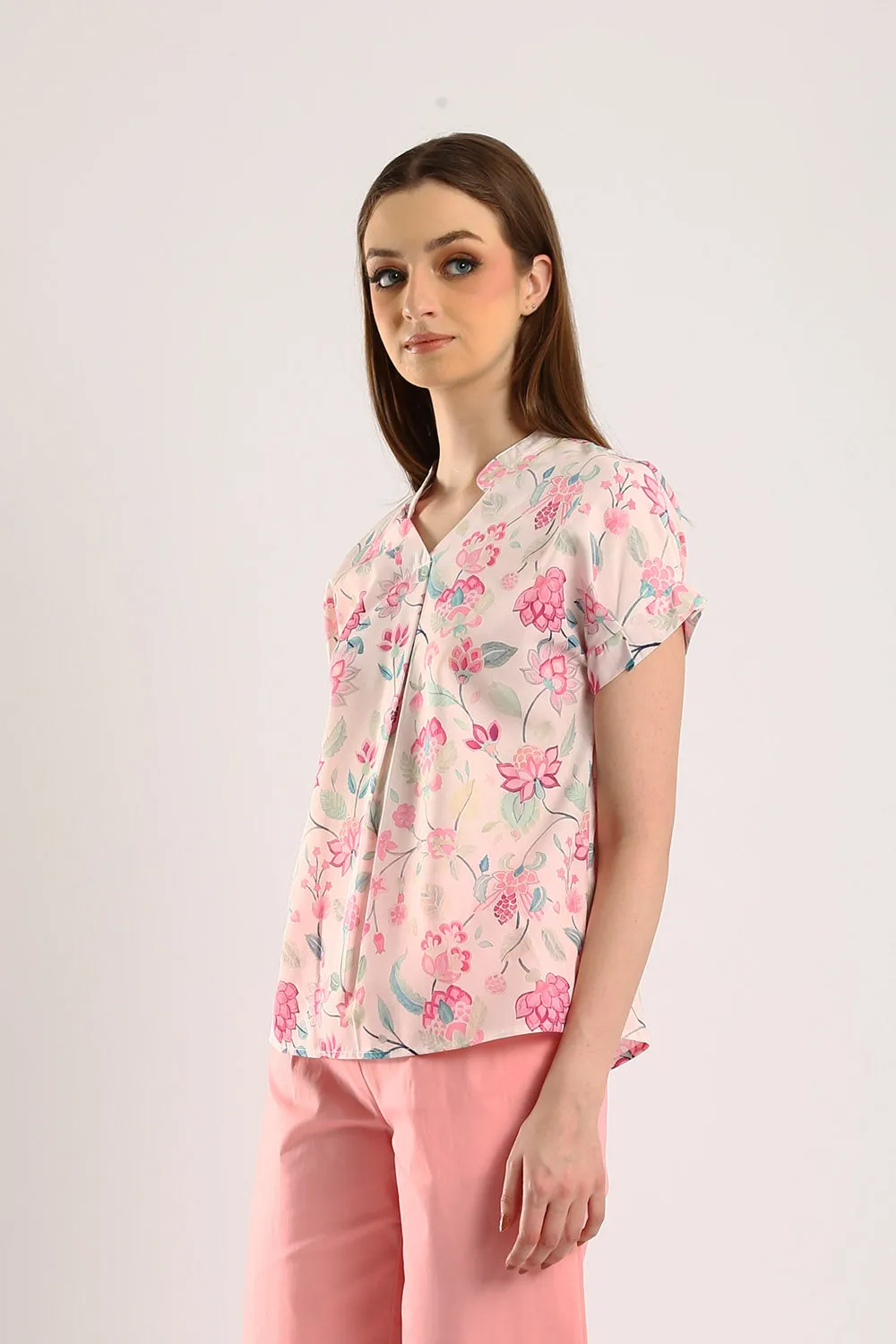 Novi Cotton Linen Blouse in Pink Blossom