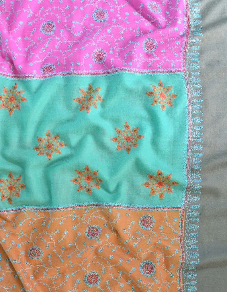 Orange, Blue, Pink & Grey Pashmina Shawl With Sozni Work 5417