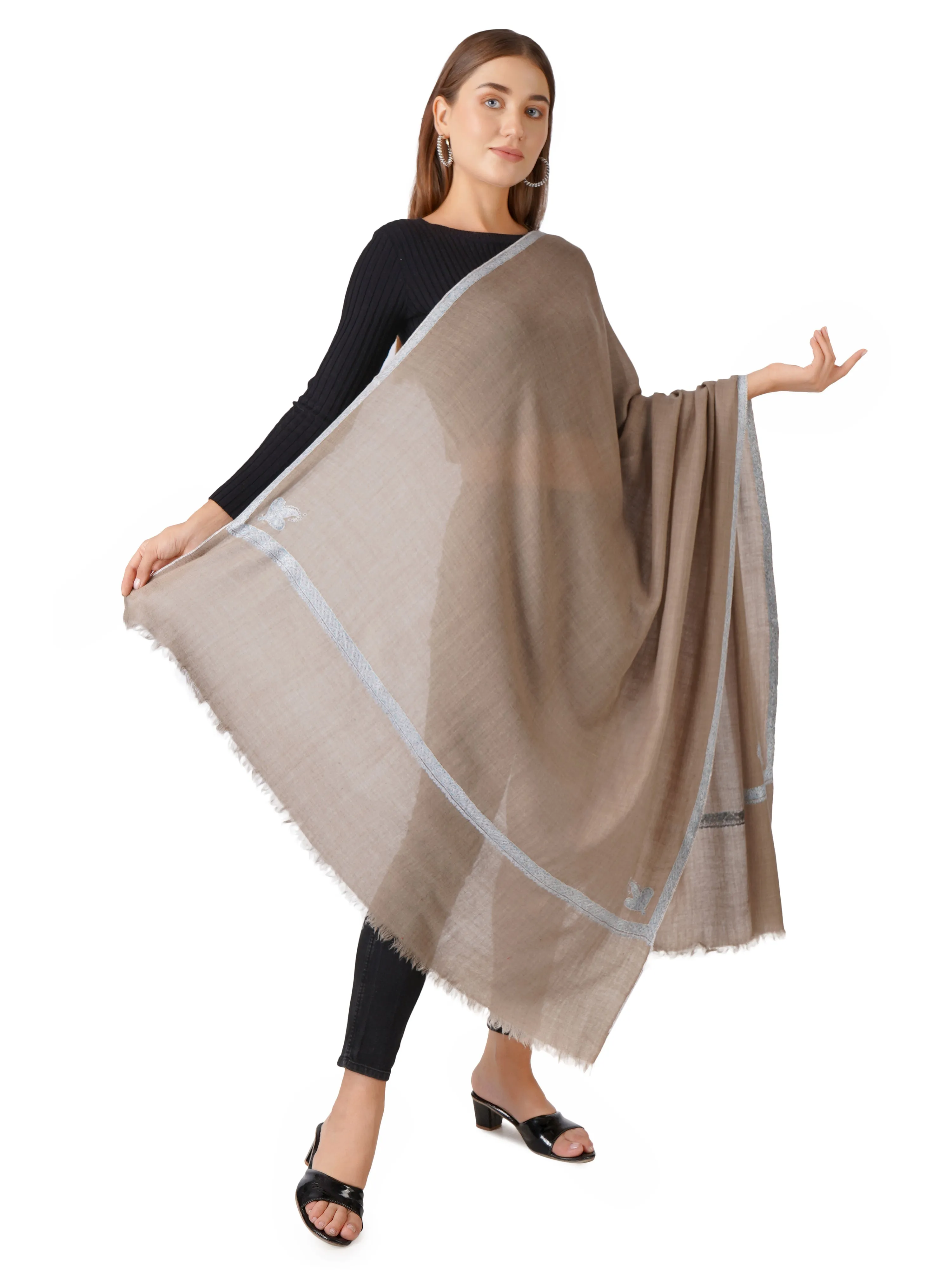 Pashmina Shawl with Enchanted Blue Hues Embroidery - Natural Toosh