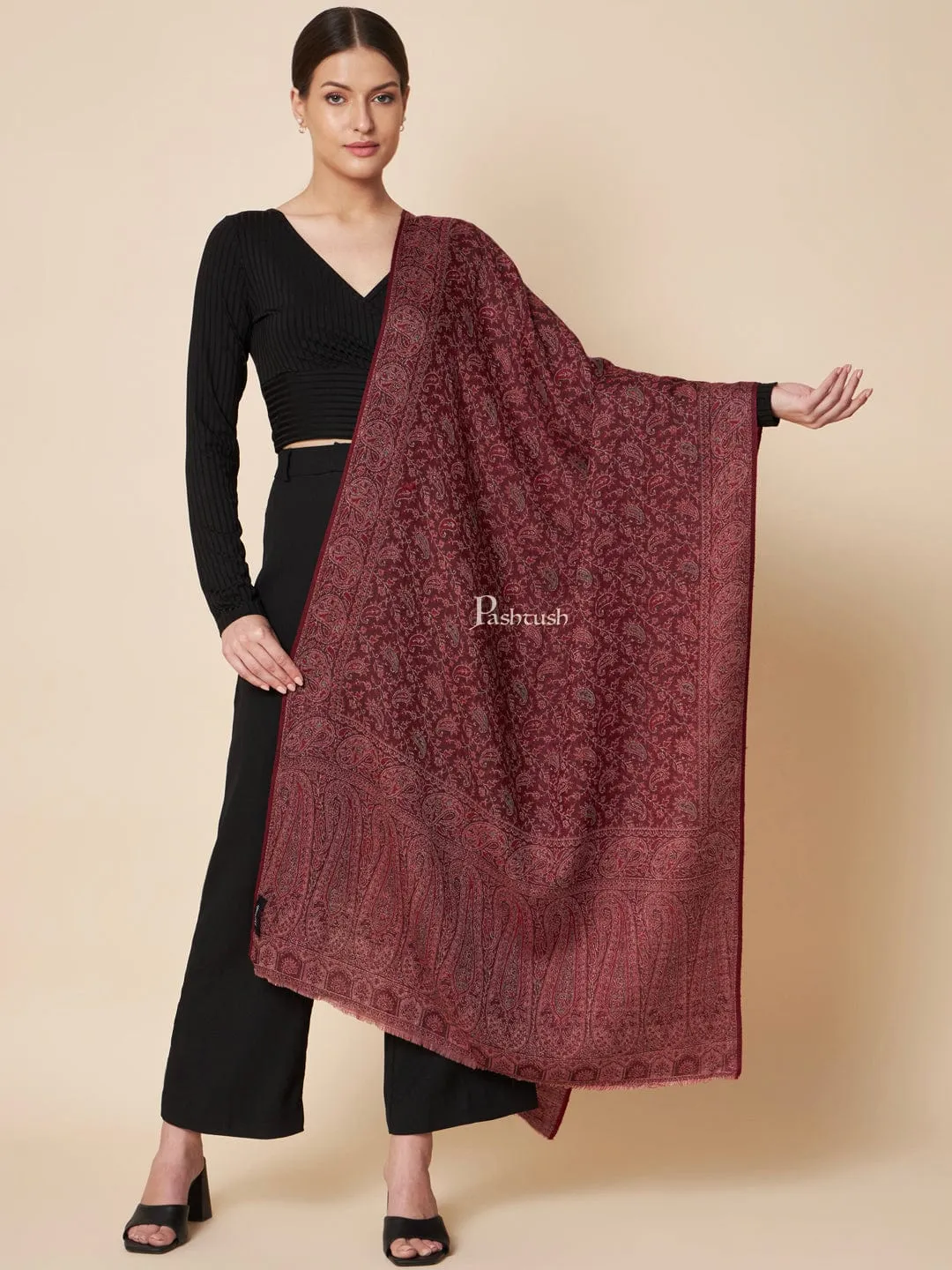 Pashtush Womens Extra Fine Wool Stole, Ethnic Weave Soft Paiseley Design, Multicolour
