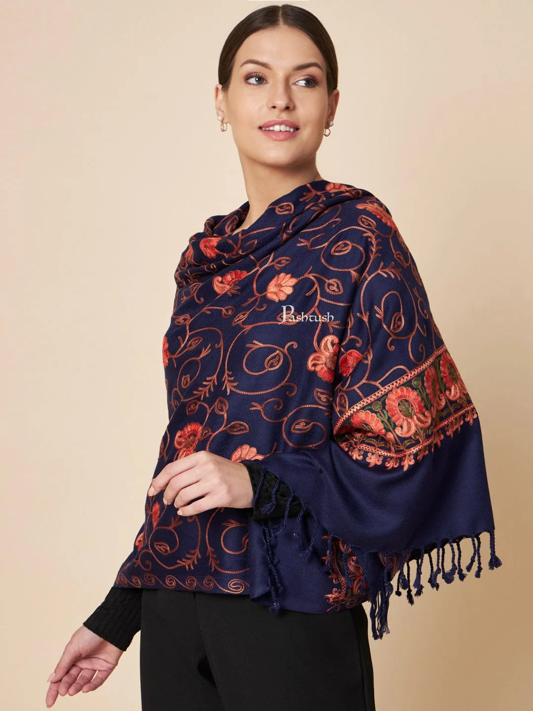 Pashtush Womens Faux Pashmina Stole, Aari Embroidery Design, Blue