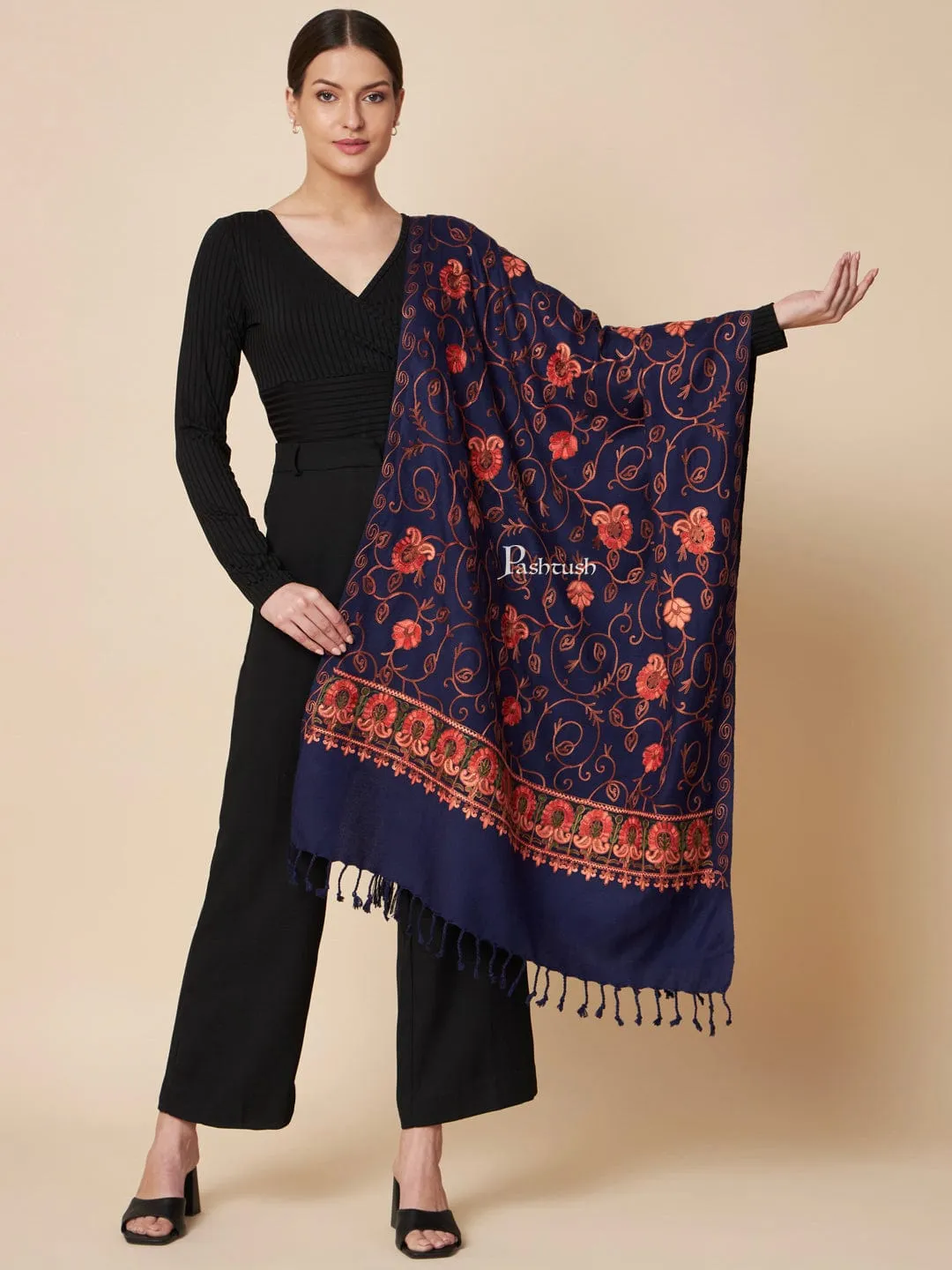 Pashtush Womens Faux Pashmina Stole, Aari Embroidery Design, Blue