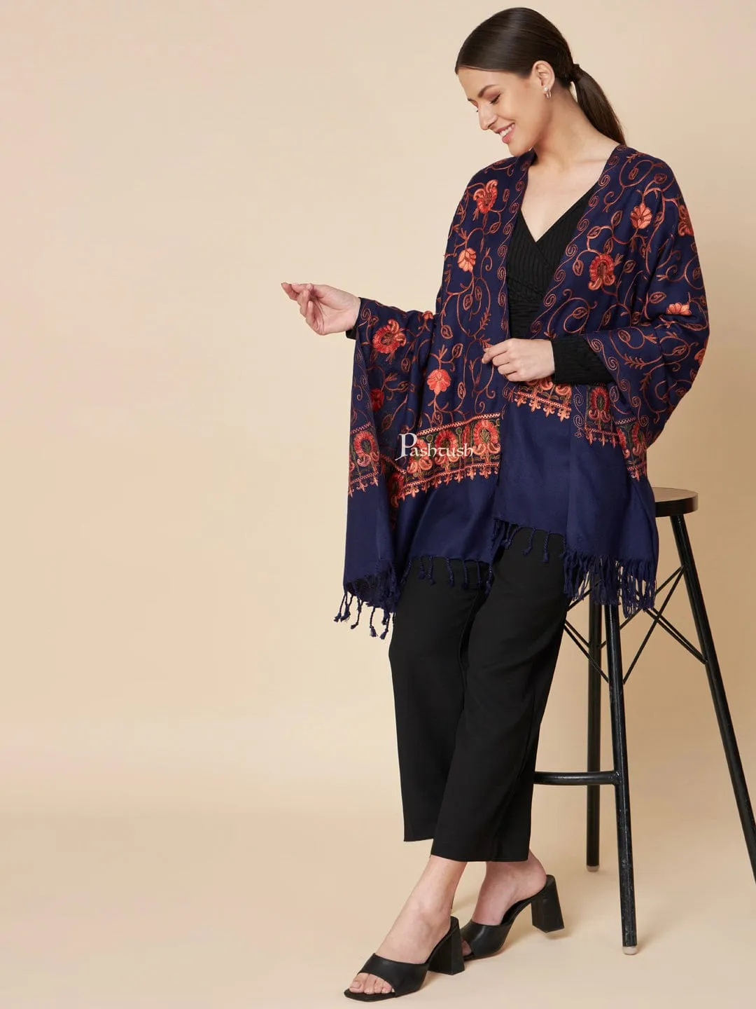 Pashtush Womens Faux Pashmina Stole, Aari Embroidery Design, Blue