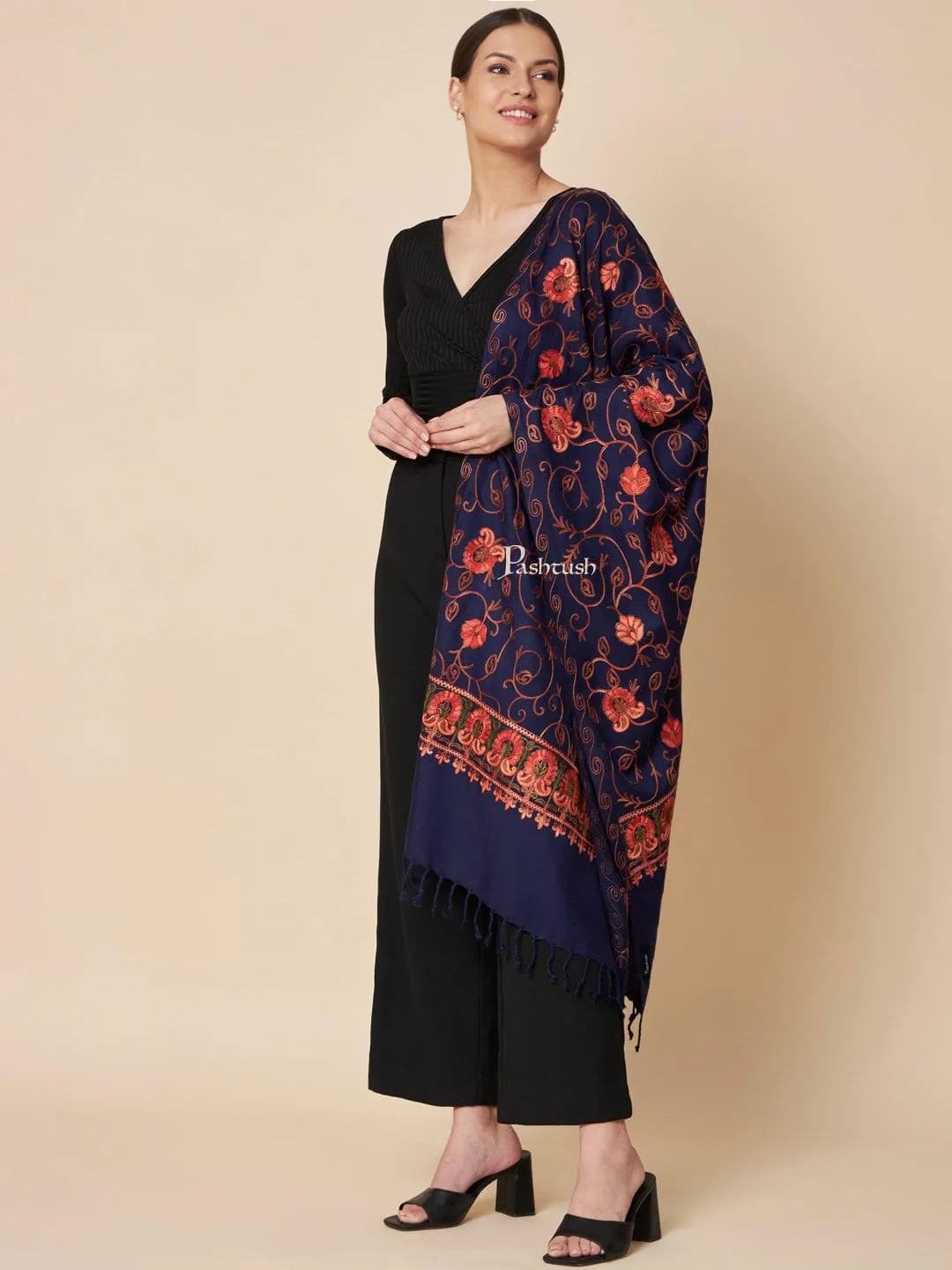Pashtush Womens Faux Pashmina Stole, Aari Embroidery Design, Blue