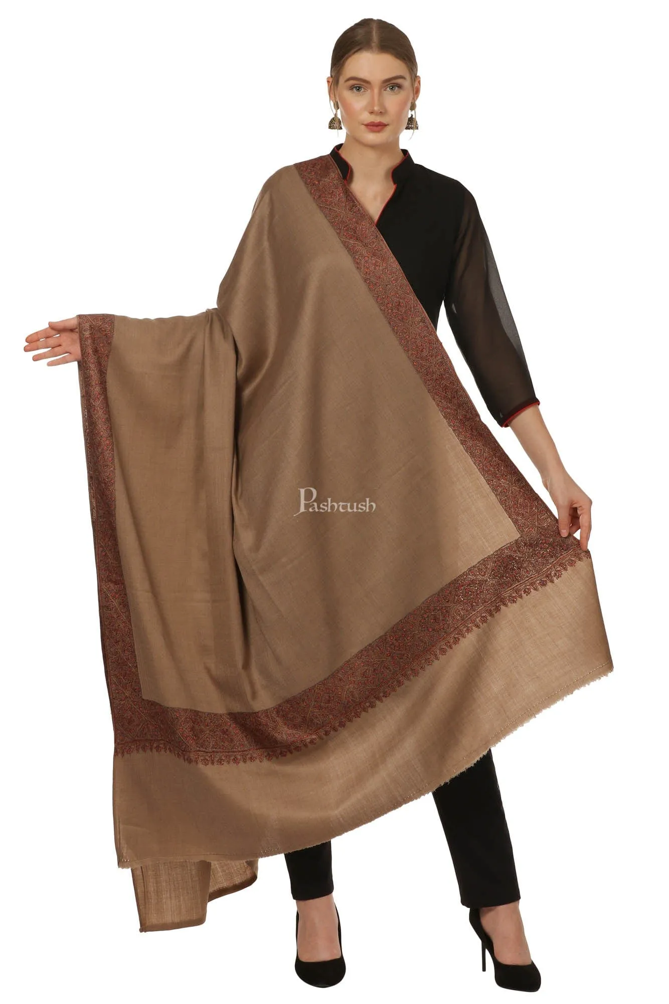 Pashtush Womens Hand Embroidery Shawl, Border Design Shawls Brown