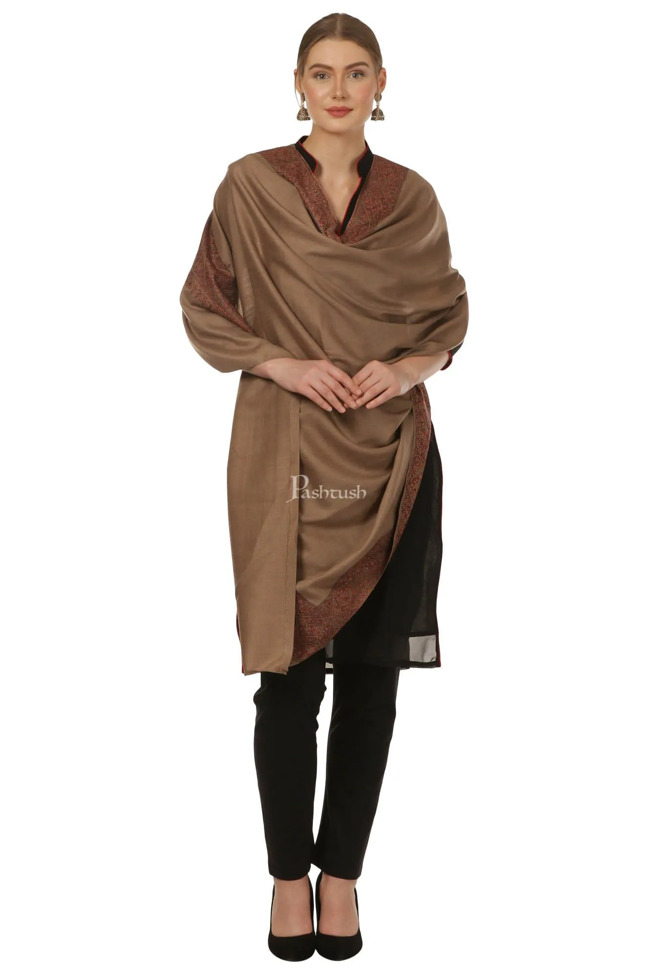 Pashtush Womens Hand Embroidery Shawl, Border Design Shawls Brown