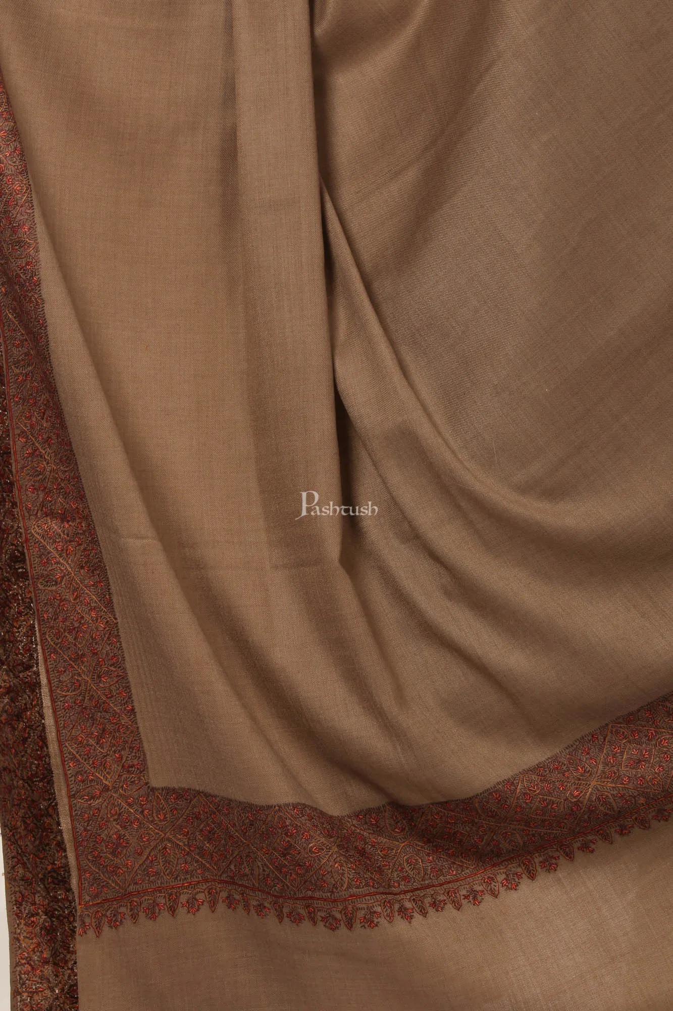 Pashtush Womens Hand Embroidery Shawl, Border Design Shawls Brown