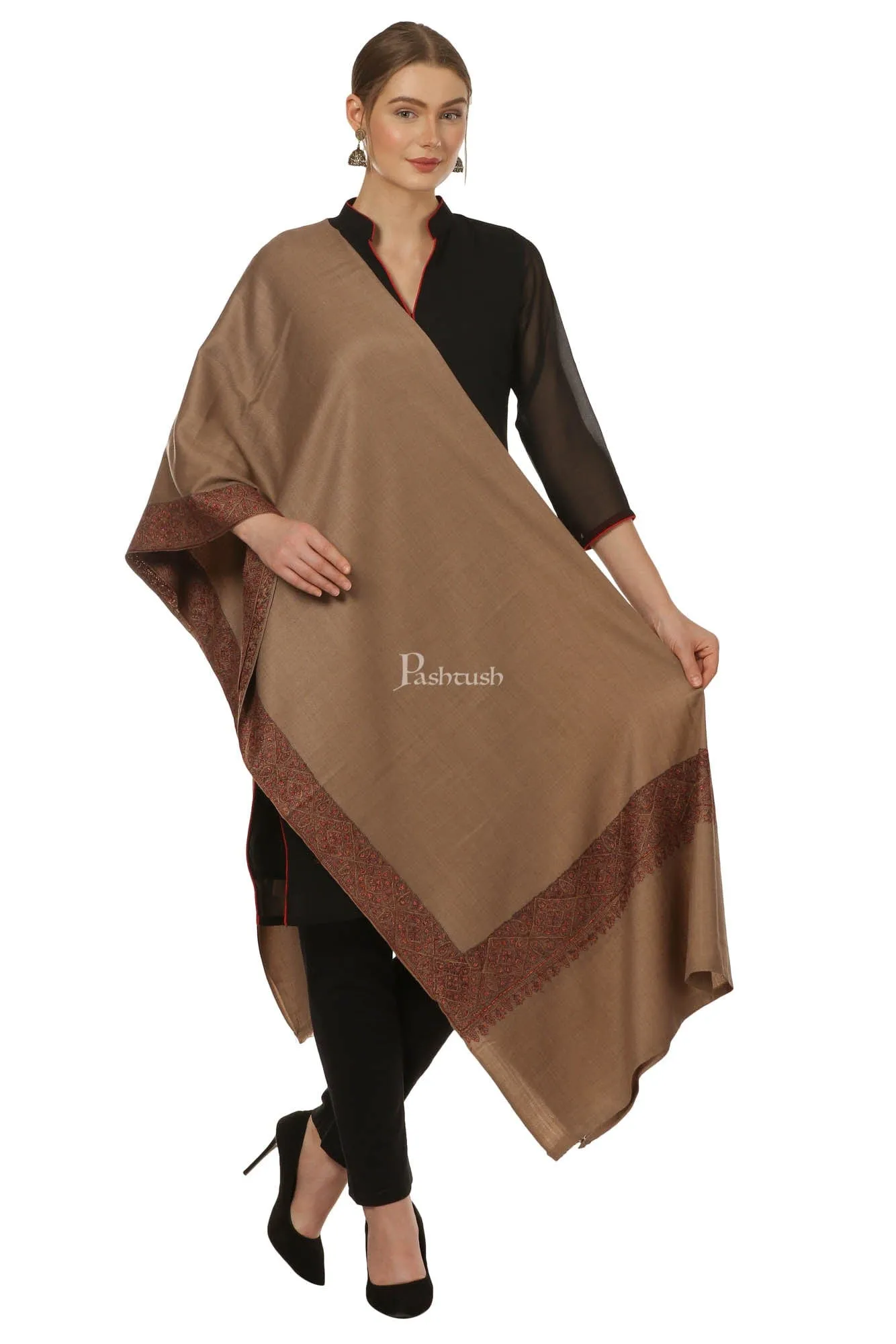 Pashtush Womens Hand Embroidery Shawl, Border Design Shawls Brown