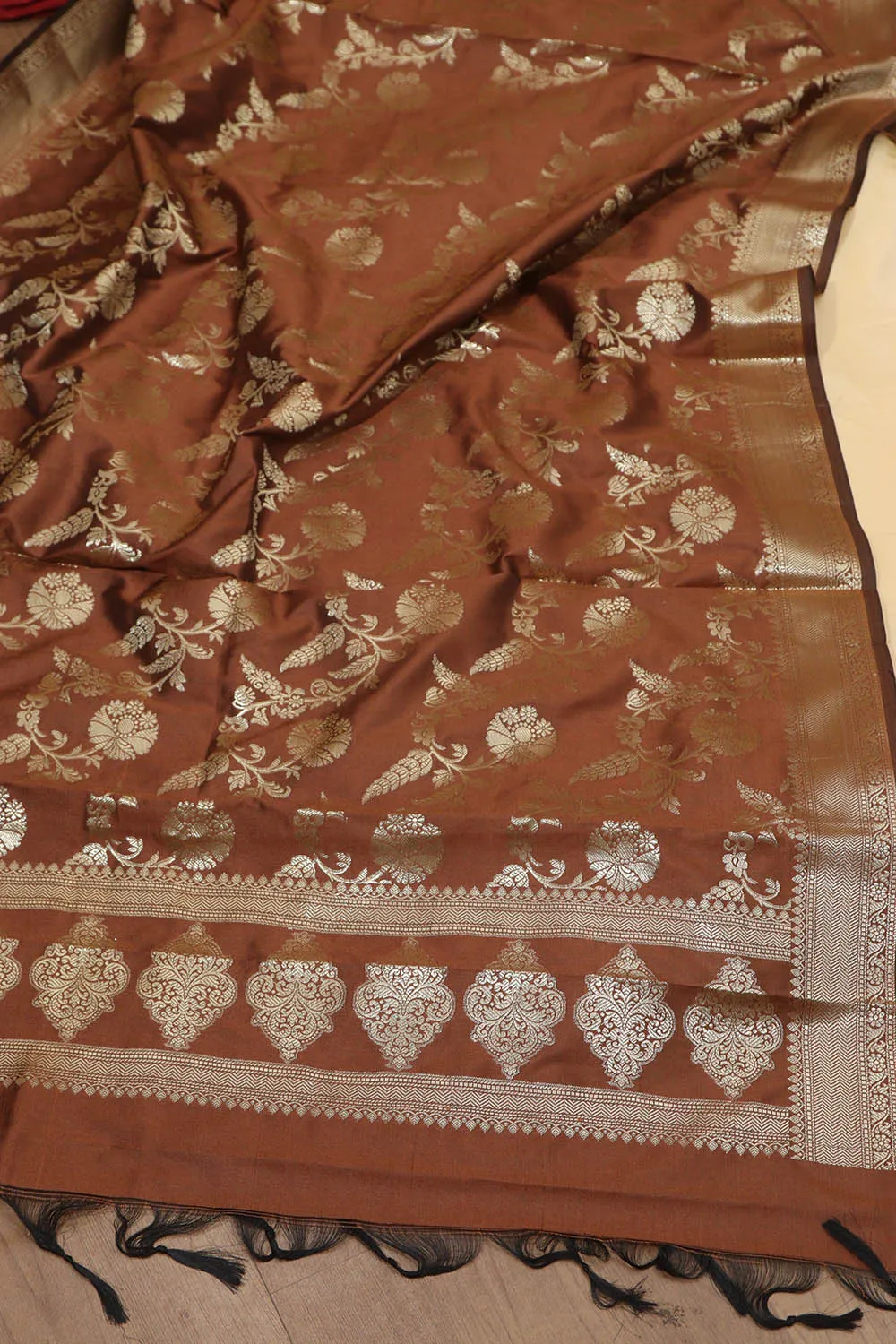 Pastel Plain Silk Suit With Brown Banarasi Silk Dupatta