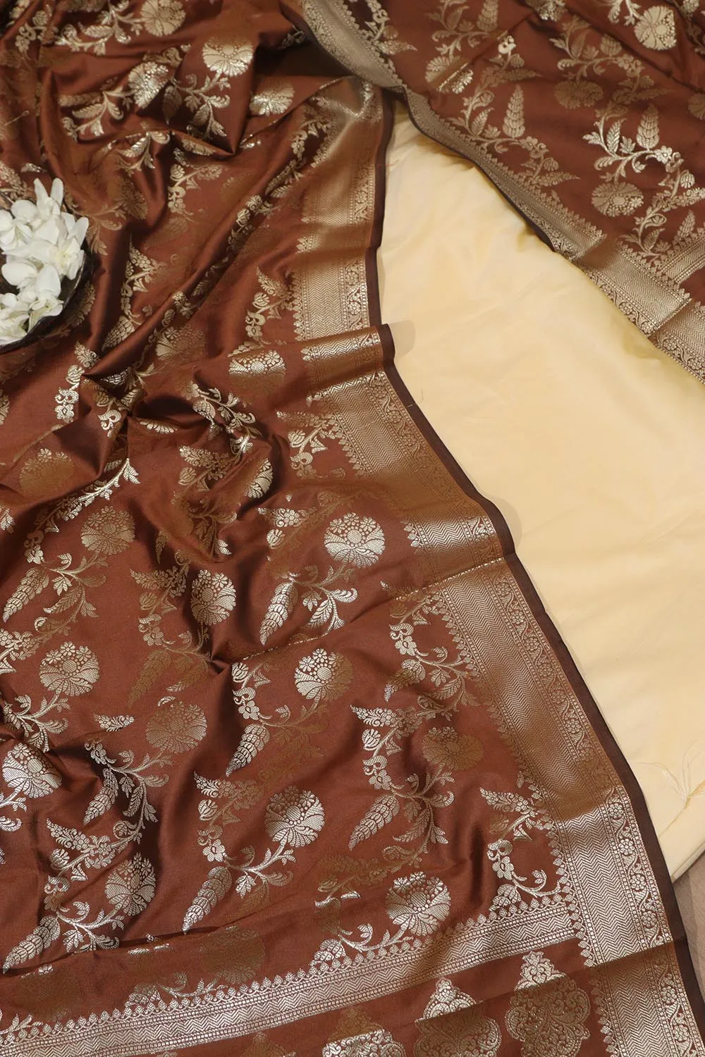 Pastel Plain Silk Suit With Brown Banarasi Silk Dupatta