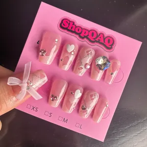 Pink Elegance 2024 Handcrafted Press-On Nails - Light Luxury, Pure and Refined, Diamond-Studded Bowknot Design