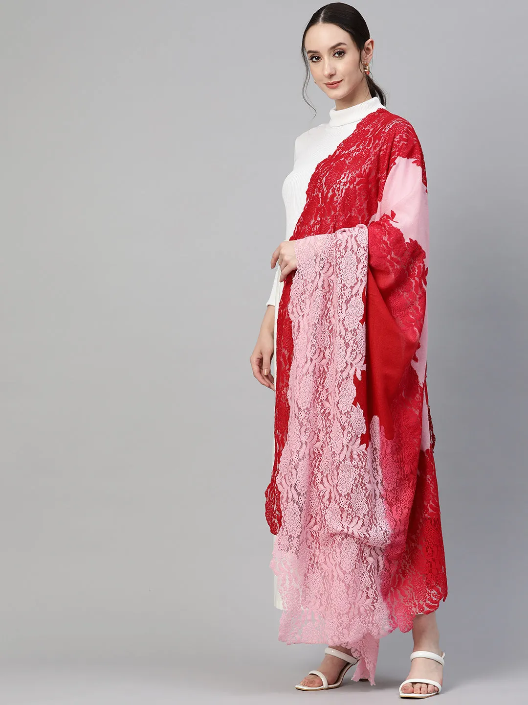 Red  Pink Ombre with  Lace Fine Wool Shawl